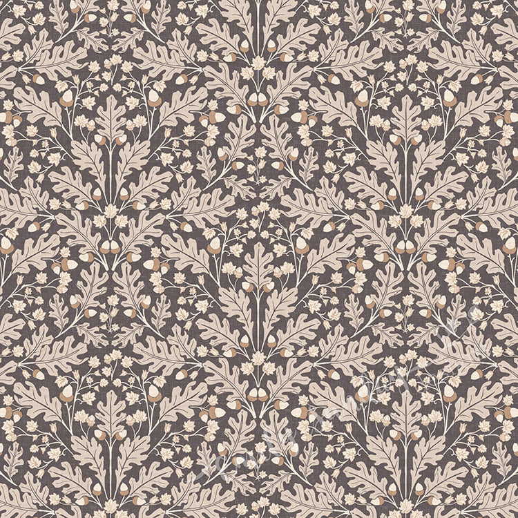 Small Scale Heritage Oak & Acorn Ogee Mocha peel and stick wallpaper pattern swatch